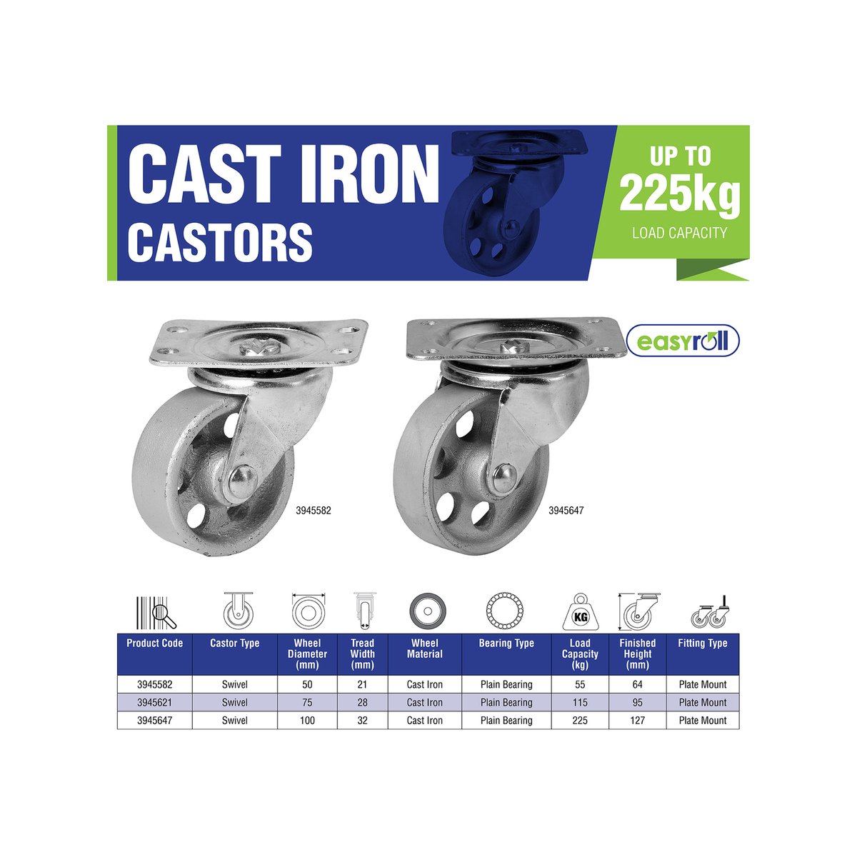 Easyroll Castor - 75mm - Cast Iron - High Load Capacity