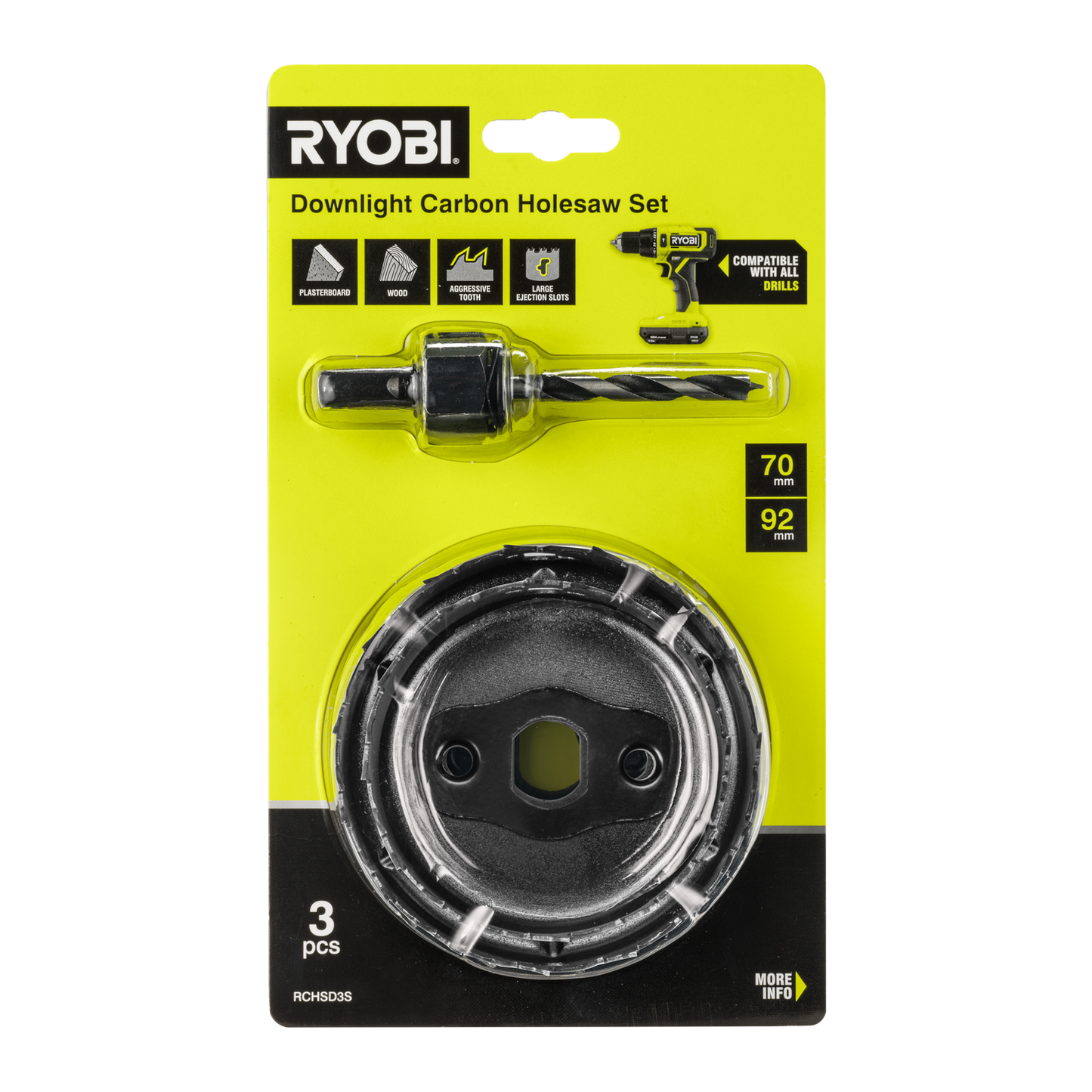 Ryobi Downlight Carbon Holesaw Set - 70mm & 92mm - 3 Piece