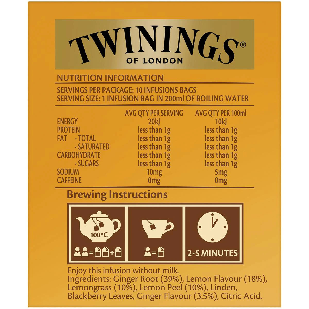 Twinings Lemon & Ginger Tea Bags 10 Pack 15g