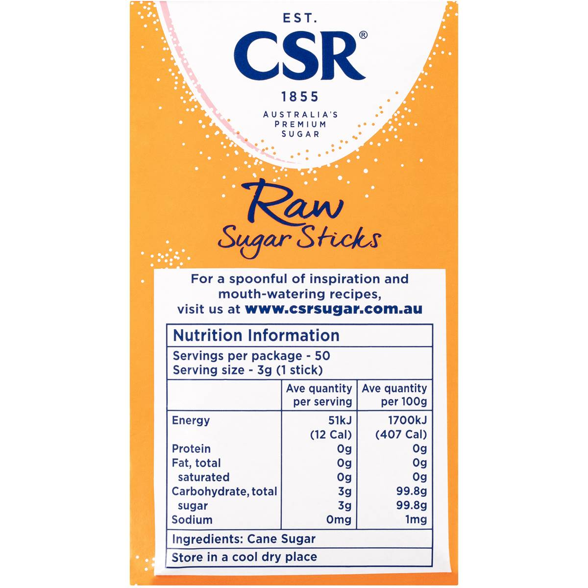 Csr Raw Sugar Sticks 50 Pack 150g