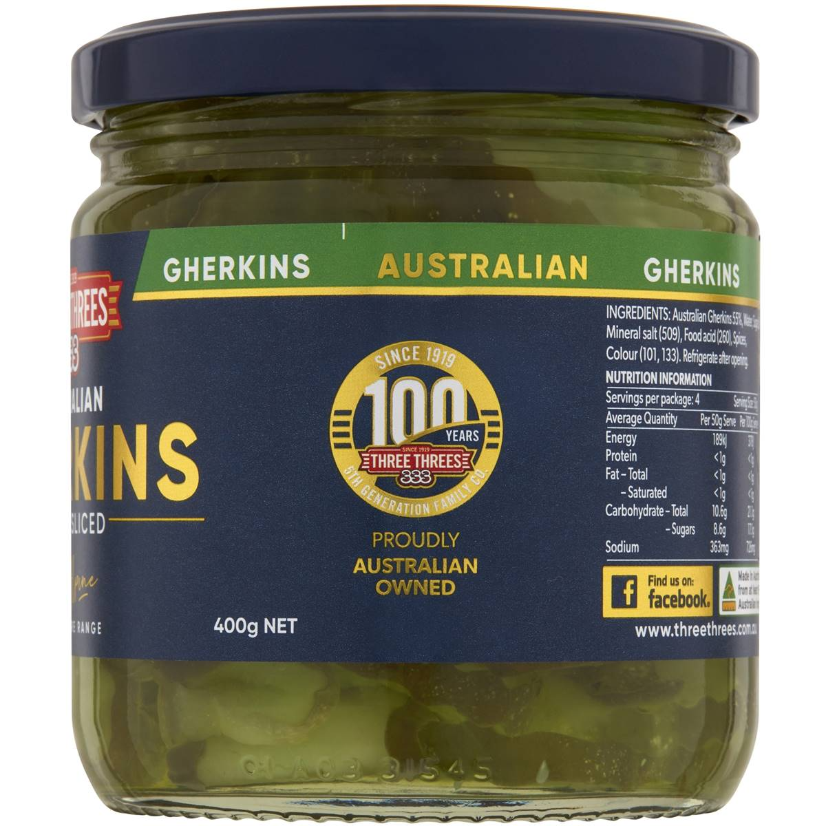 Three Threes Australian Gherkins Sweet Sliced 400g