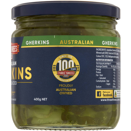 Three Threes Australian Gherkins Sweet Sliced 400g