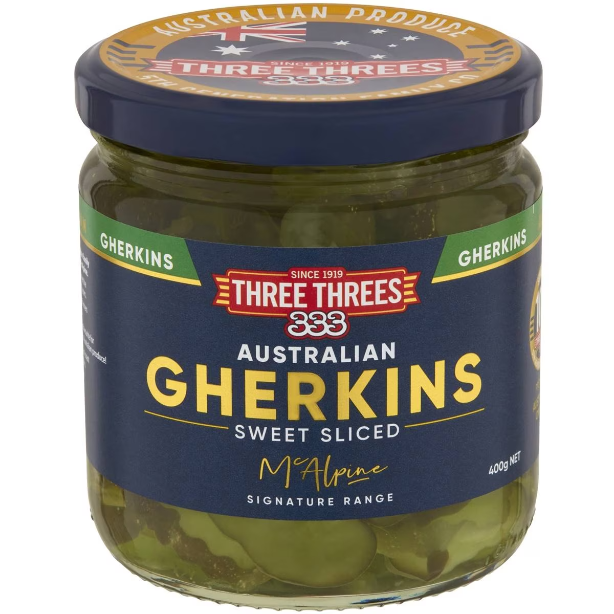 Three Threes Australian Gherkins Sweet Sliced 400g