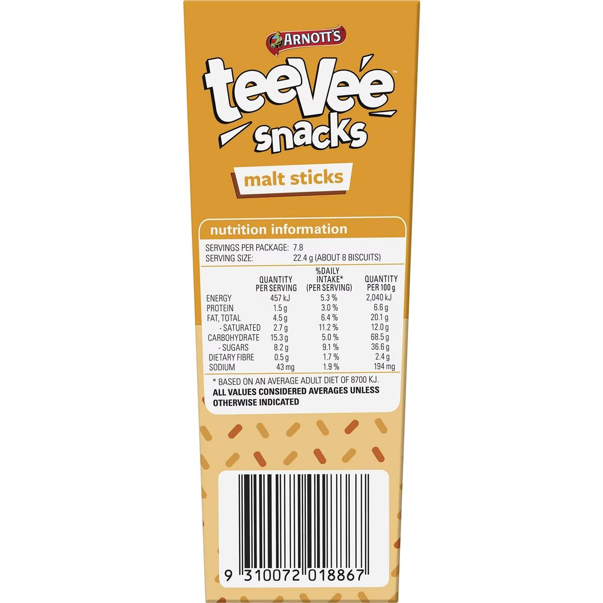 Arnott's Tee Vee Snacks Malt Sticks Chocolate Biscuits 175g