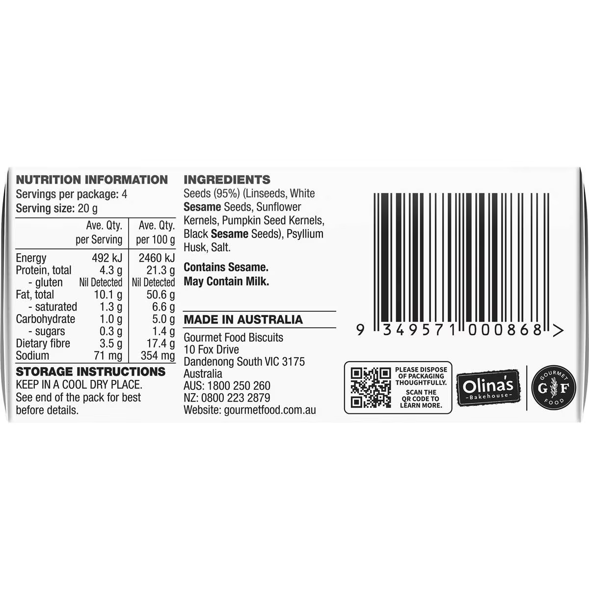 Olina's Bakehouse Simply Seed Crackers Original 80g