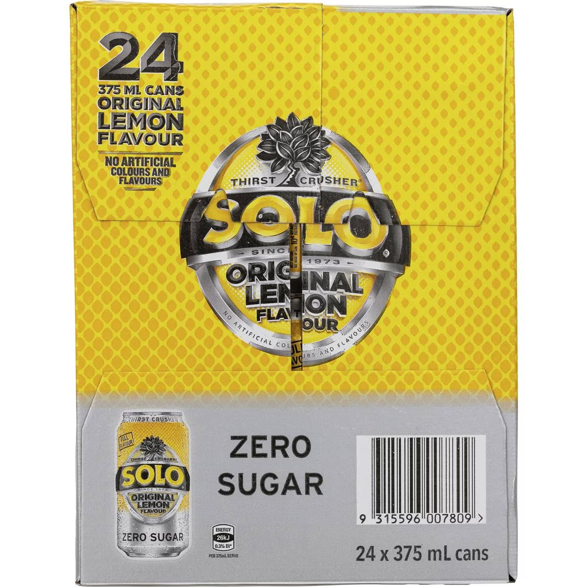 Solo Zero Sugar Original Lemon Soft Drink Cans Multipack 375ml X 24 Pack