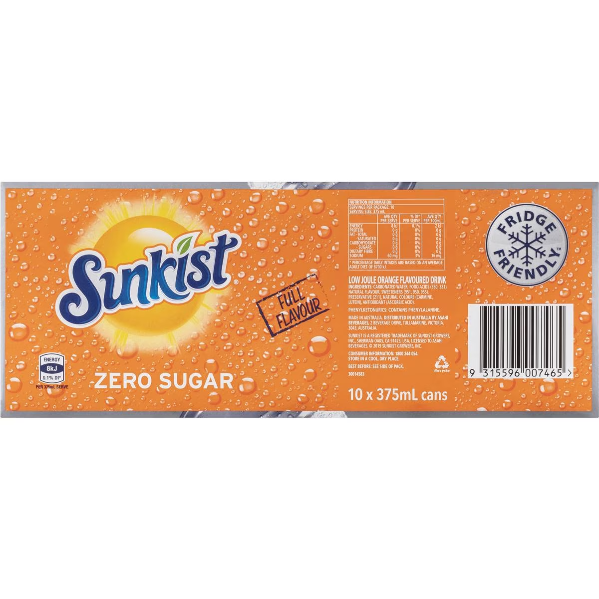 Sunkist Zero Sugar Orange Soft Drink Cans Multipack 375ml X 10 Pack