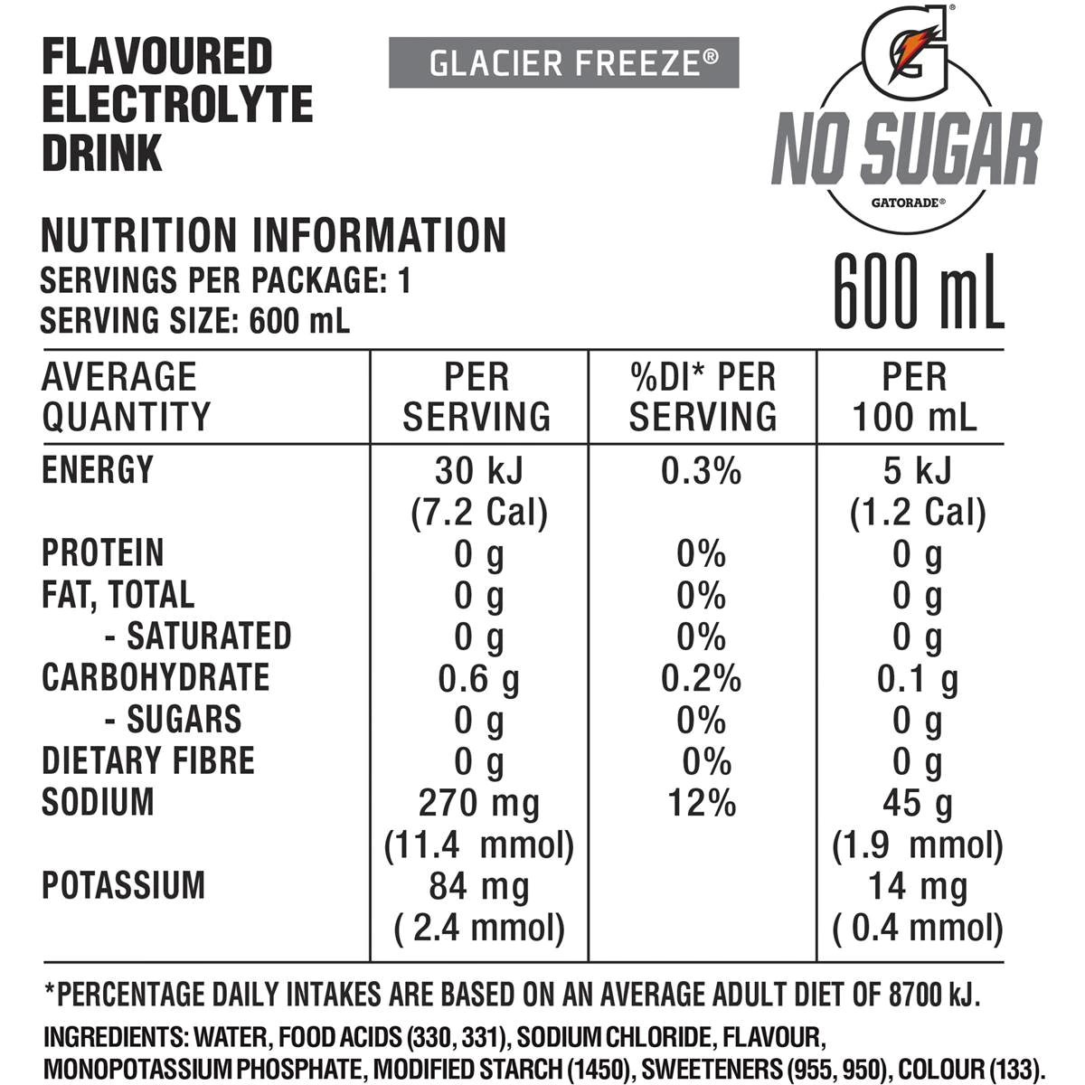 Gatorade Sports Drinks Sugar Free Glacier Freeze Bottle 600ml
