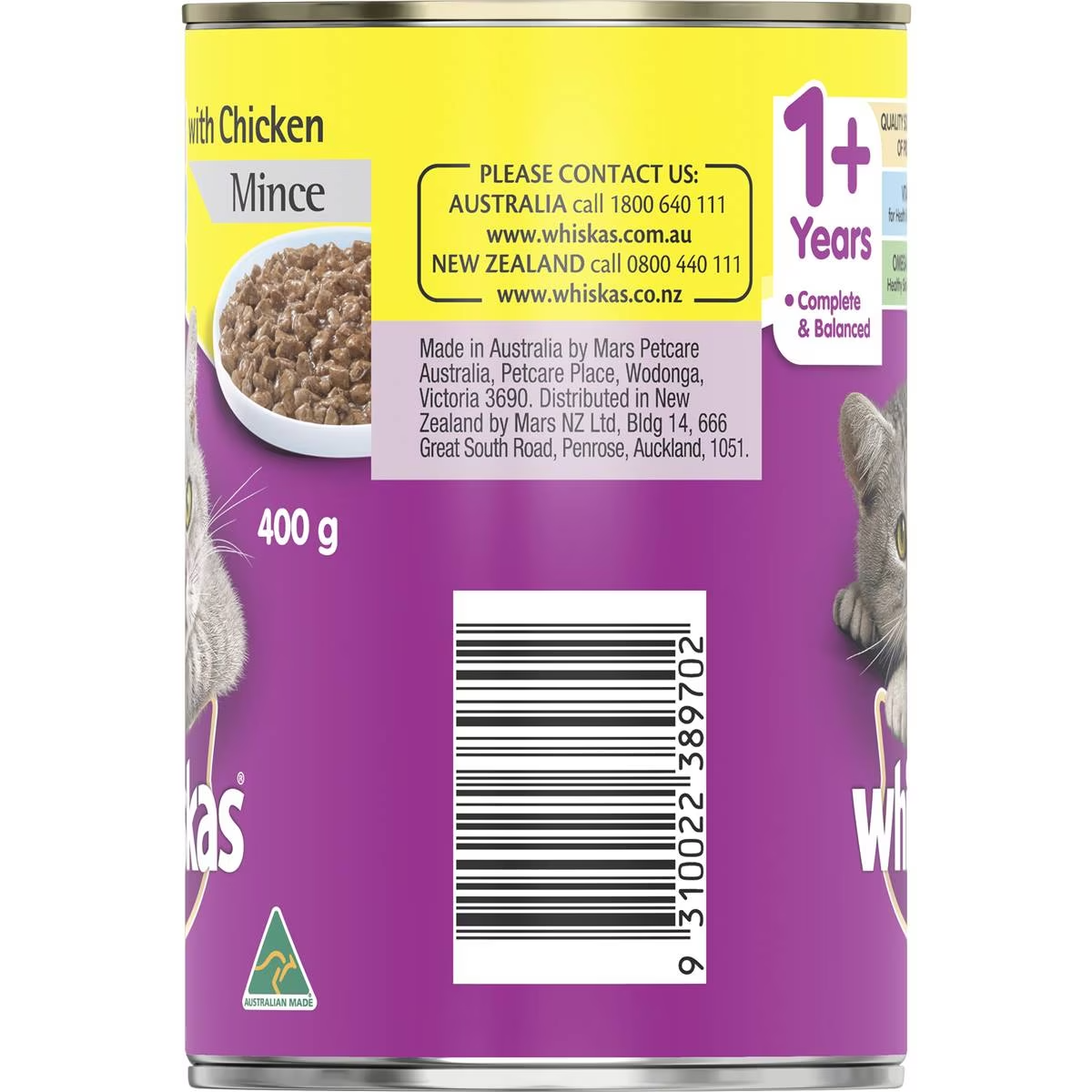 Whiskas 1+ Years Wet Cat Food Chicken Mince 400g Can