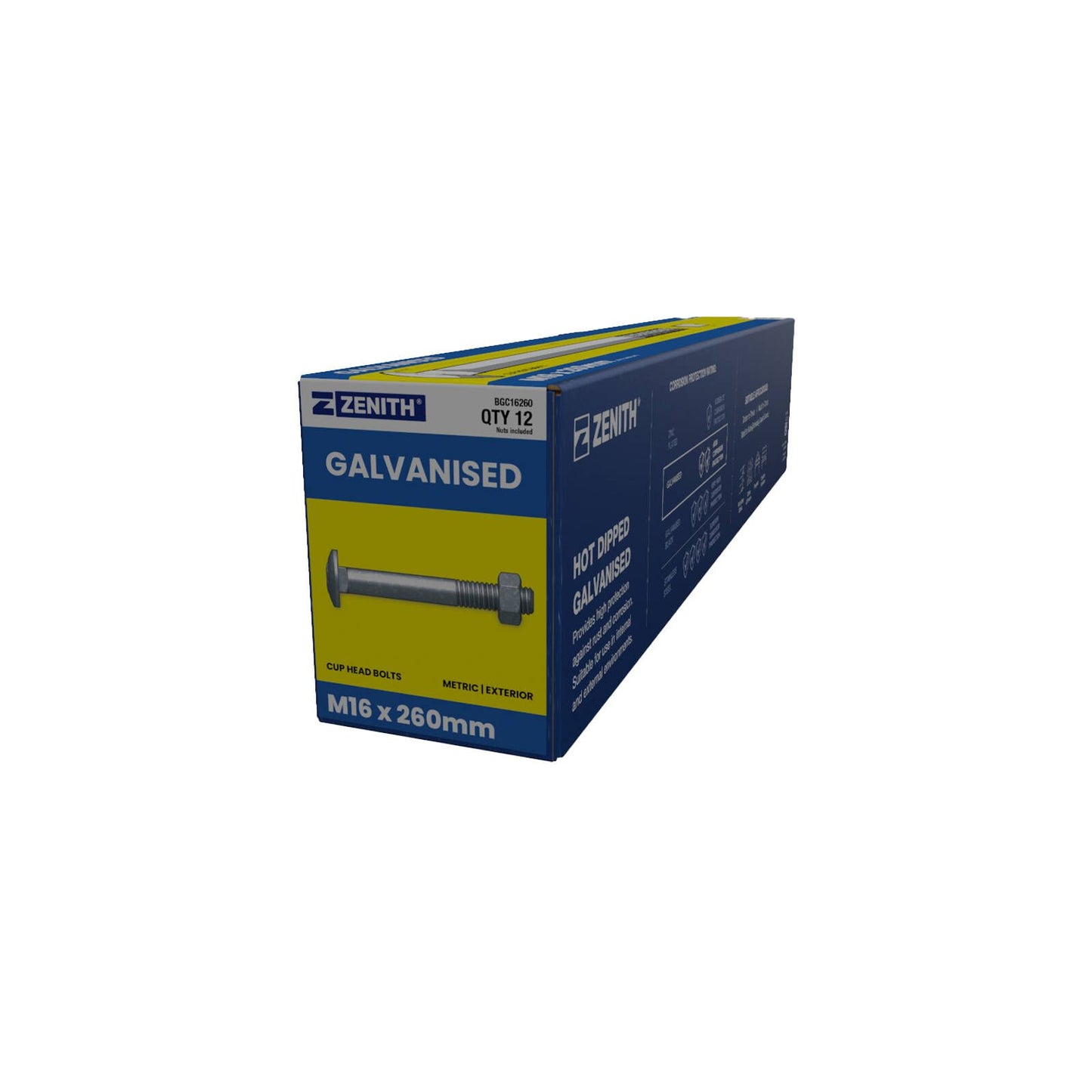 Zenith M16 x 260mm - Hot Dip Galvanised Cup Head Bolts & Nuts - 12 Pack
