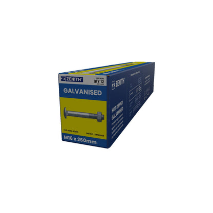 Zenith M16 x 260mm - Hot Dip Galvanised Cup Head Bolts & Nuts - 12 Pack