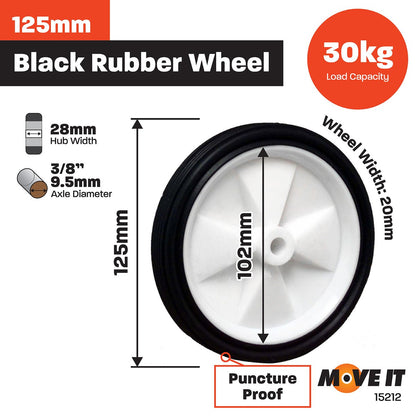 Move It 125mm Rubber Tyre - Black - Plastic Centre - Easy Install