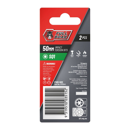 Full Boar Magnetic Impact Torsion Bits Set SQ1 x 50mm 2 Pack