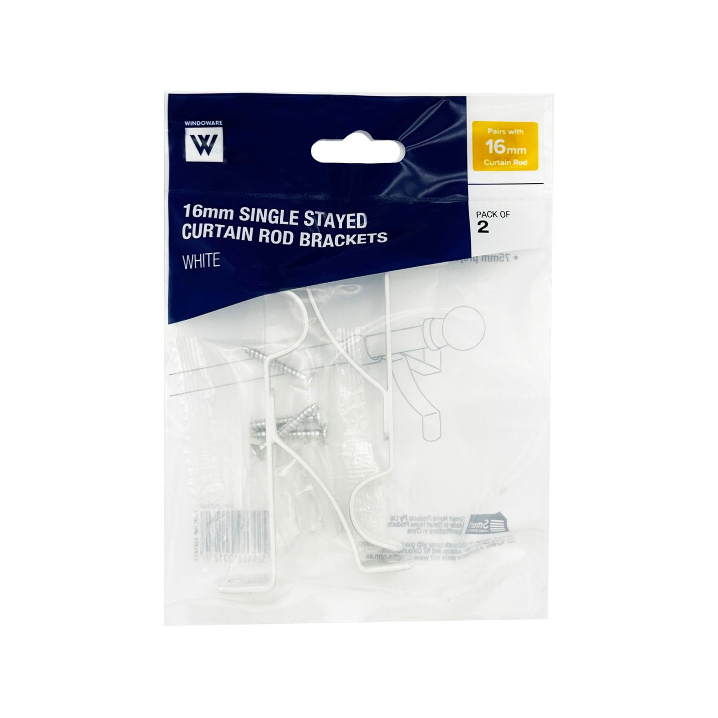 Windoware Curtain Rod Bracket - 16mm - White - 2 Pack
