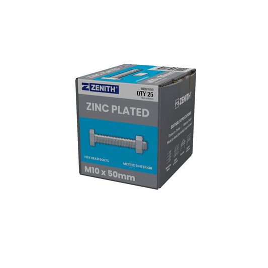 Zenith M10 x 50mm Zinc Plated Hex Head Bolts and Nuts - 25 Pack