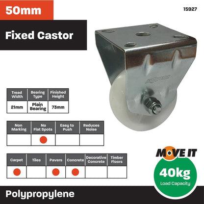 Move It 50mm White Polypropylene Fixed Plate Castor - Durable - 40kg Load Capacity