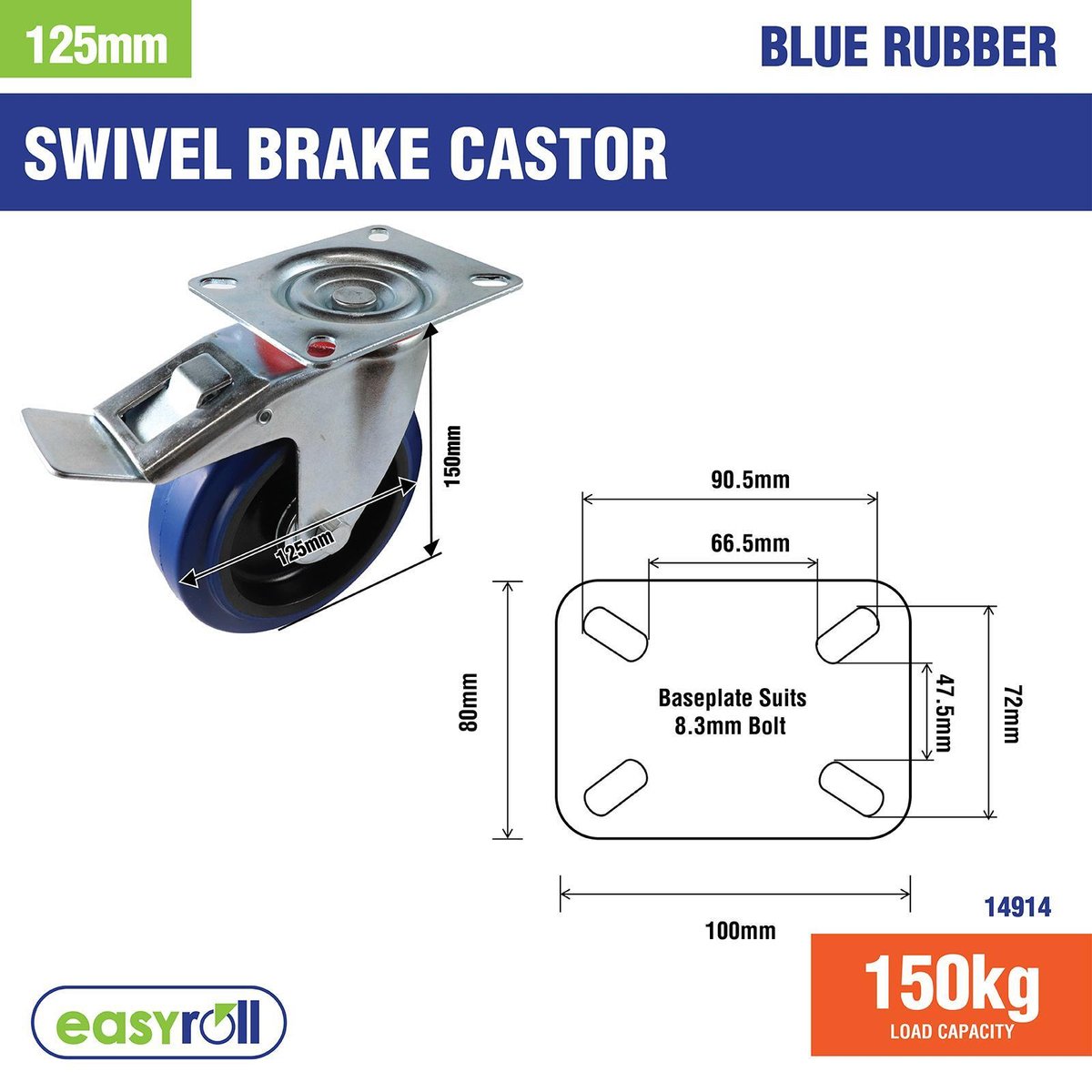 Easyroll Swivel Brake Castor - 125mm - Blue Elastic Rubber - 150kg Load