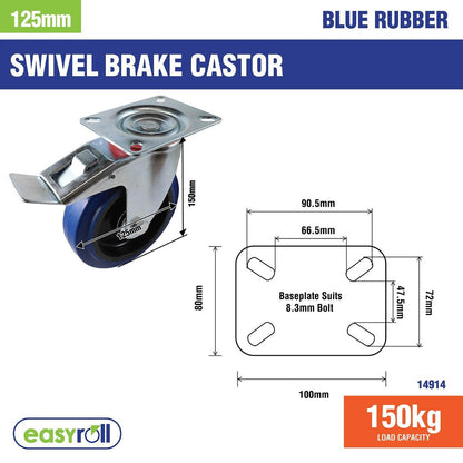 Easyroll Swivel Brake Castor - 125mm - Blue Elastic Rubber - 150kg Load