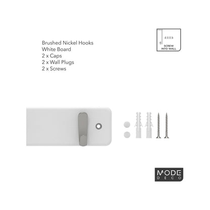 Mode Hook Rack - 4 Brushed Nickel Hooks - White Board - Durable Design