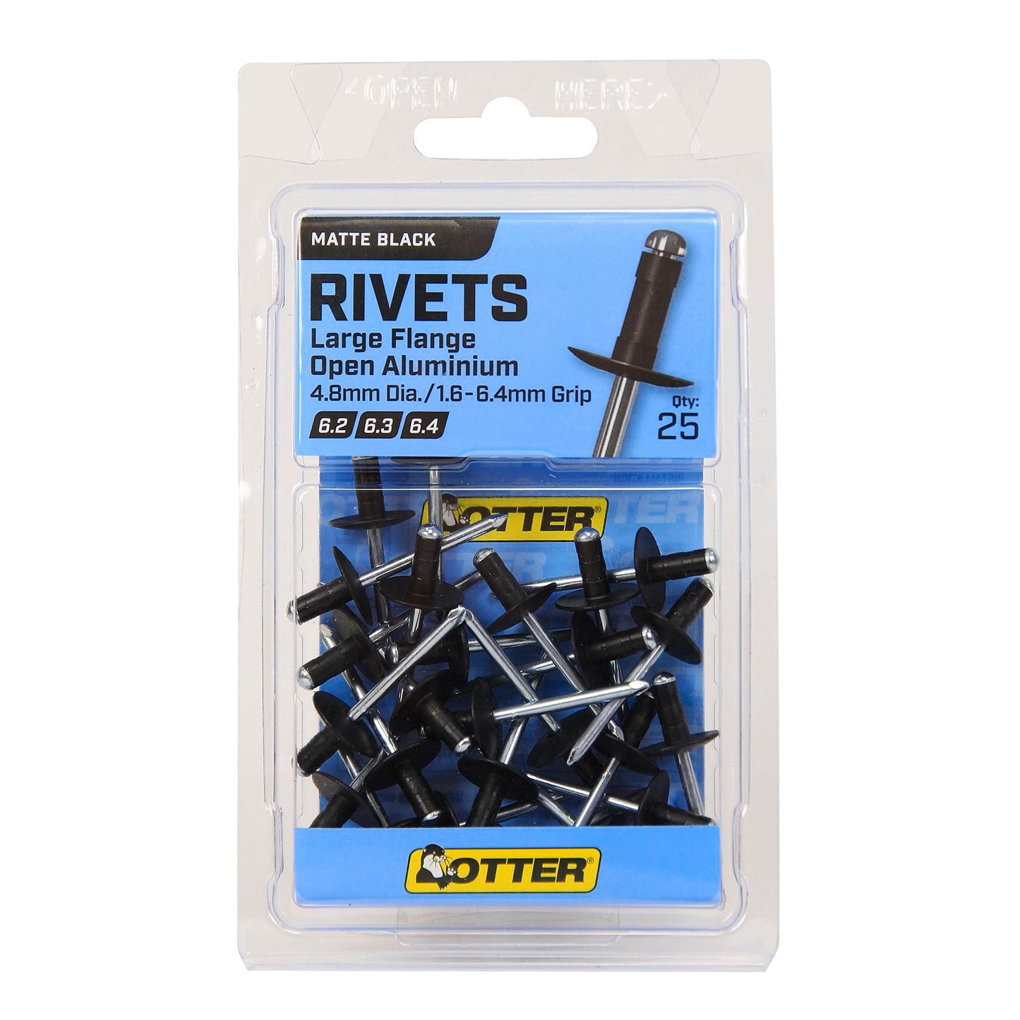 Otter Large Flange Aluminium Rivets - 1.6-6.4mm - 25 Pack - Black