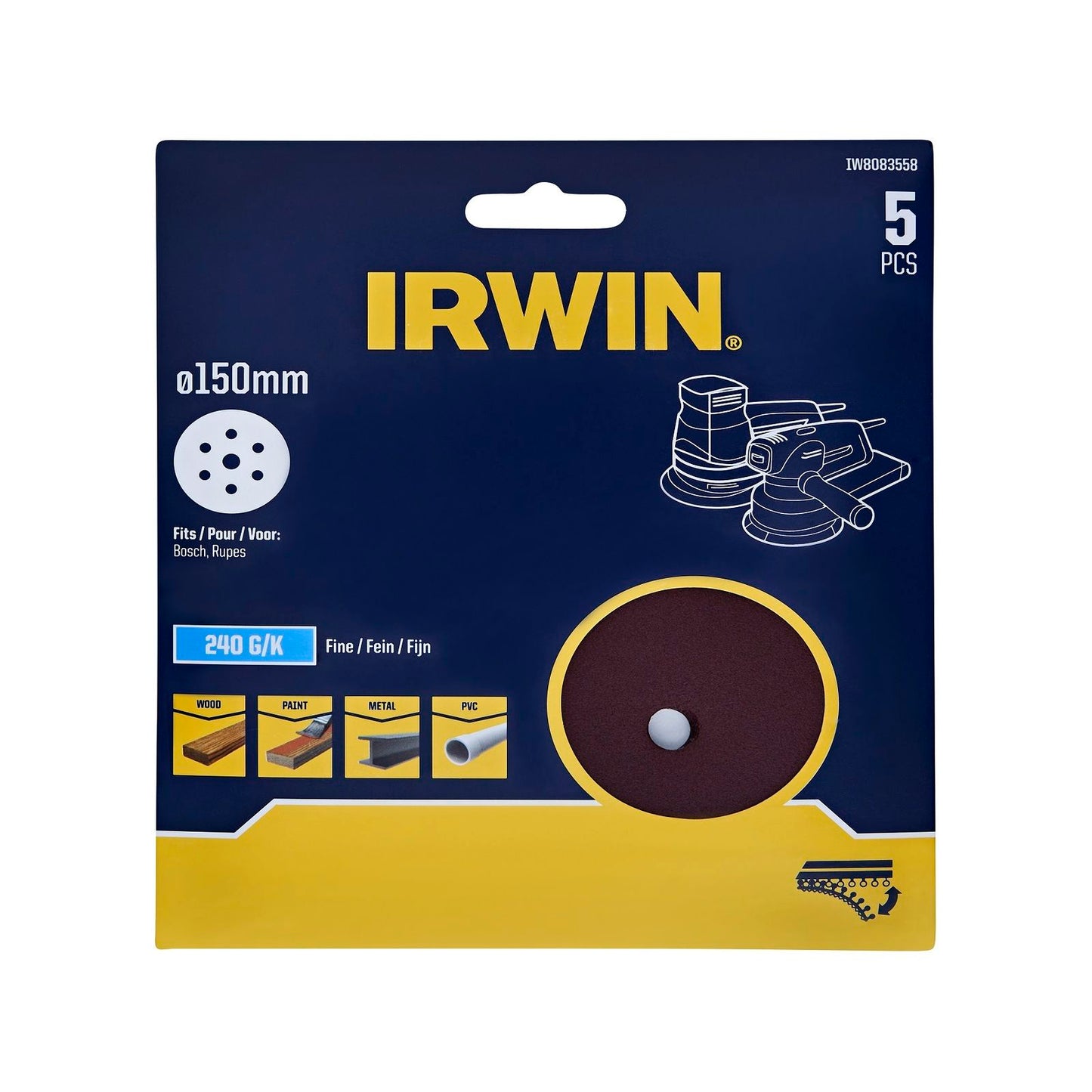 Irwin Quick Fit Random Orbital Sanding Discs - 150mm - 240 Grit - 5 Pack
