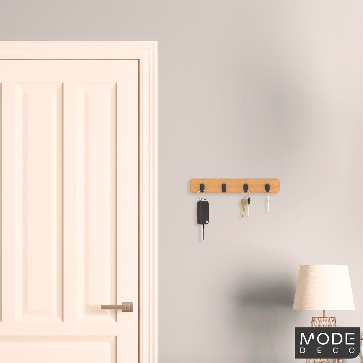 Mode Key Rack - 4 Black Hooks - Bamboo Board - Durable - Easy Install ...