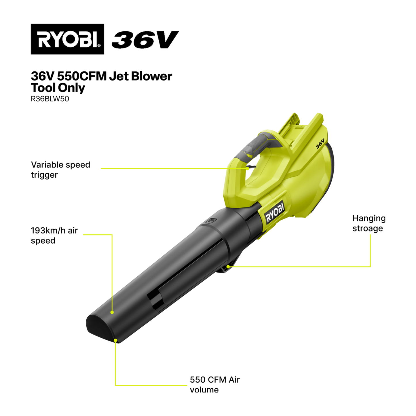 Ryobi Jet Blower - 36V - Tool Only - 550CFM