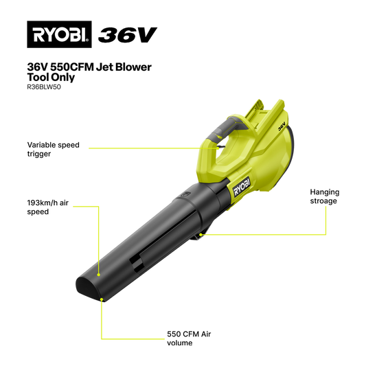 Ryobi Jet Blower - 36V - Tool Only - 550CFM
