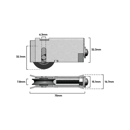Rolltrak Carriage - 75 x 45 x 17mm - Stainless Steel