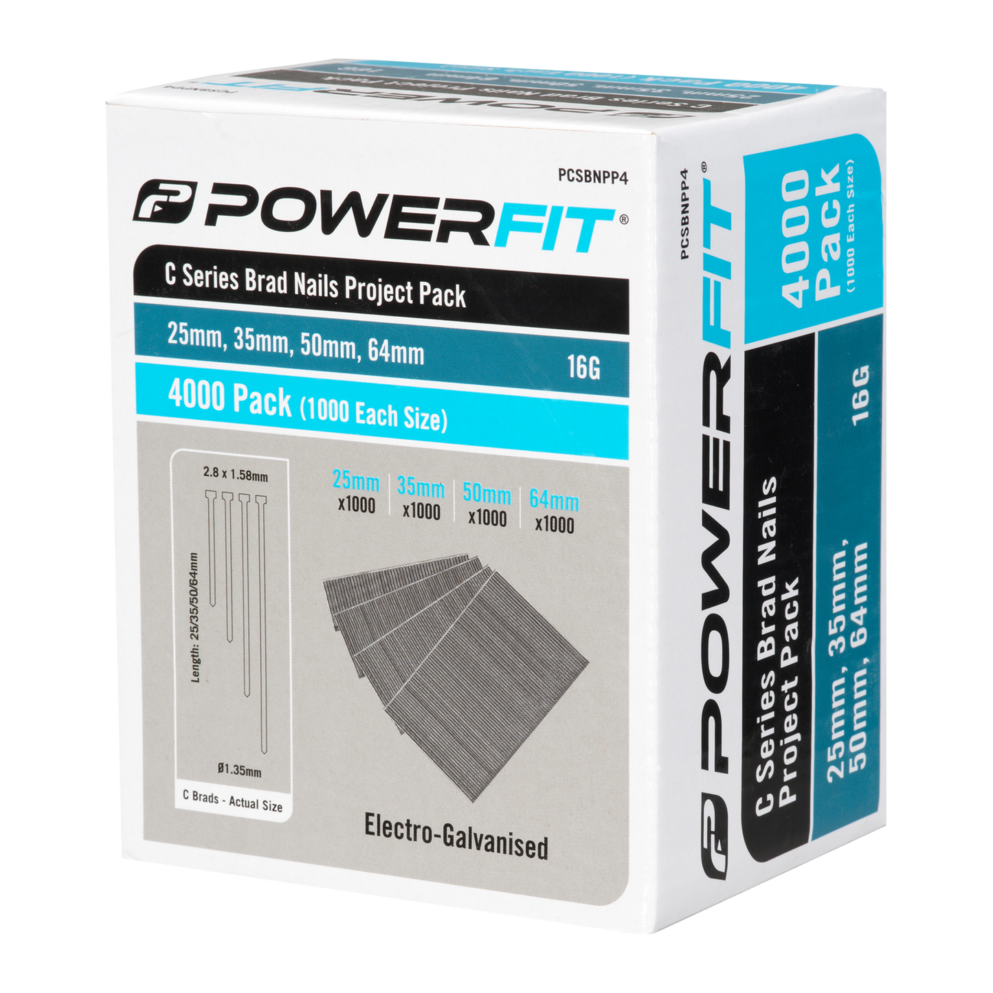 Powerfit C Series Brad Nails Project Pack - 16 Gauge - 25-64mm - 4000 Pack