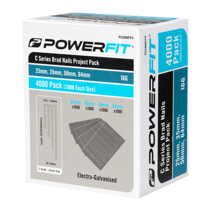 Powerfit C Series Brad Nails Project Pack - 16 Gauge - 25-64mm - 4000 Pack