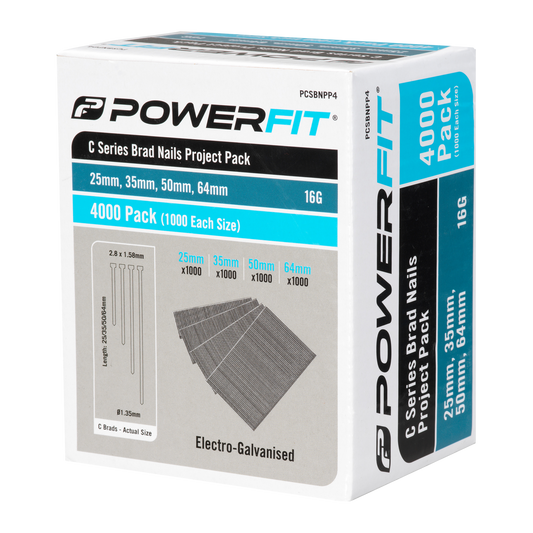 Powerfit C Series Brad Nails Project Pack - 16 Gauge - 25-64mm - 4000 Pack