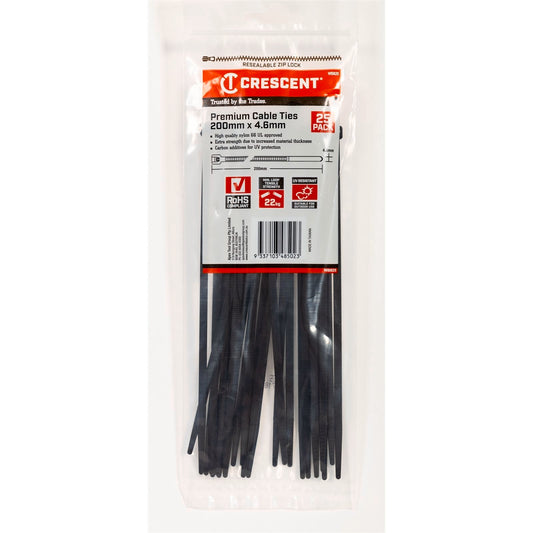Crescent Cable Ties - 200 x 4.6mm - Black - 25 Pack