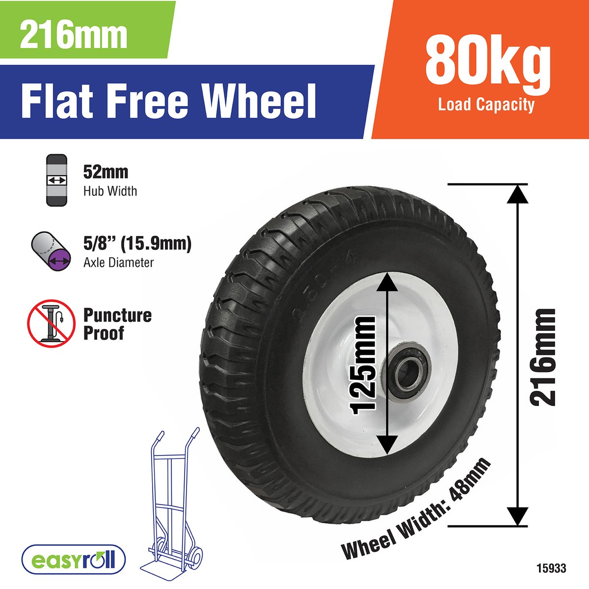 Easyroll 5/8 Inch 250 x 4 Flat Free Wheel - Steel Hub - Puncture Proof