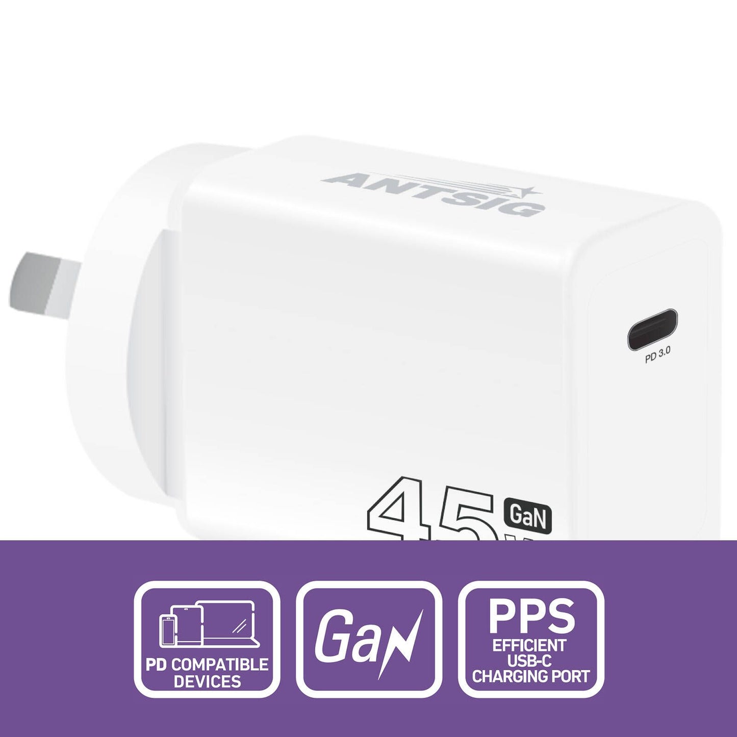 Antsig 45W USB-C GaN Wall Charger - White