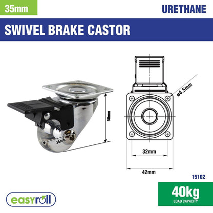 Easyroll Swivel Brake Castor - 35mm - Polyurethane - 40kg Load - 2 Pack