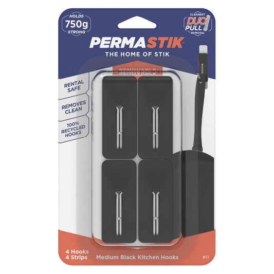 Permastik Medium Black Kitchen Hooks Holds 1kg 4 Pack