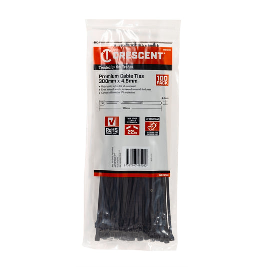Crescent Black Cable Ties - 300 x 4.8mm - 100 Pack