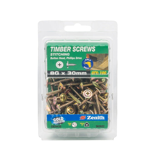 Zenith Gold Passivated Button Head Timber Screws - 8g x 30mm - 100 Pack