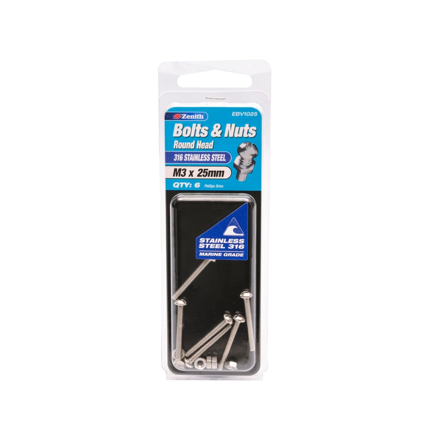 Zenith M3 x 25mm - 316 Stainless Steel Round Head Bolt & Nut - 6 Pack