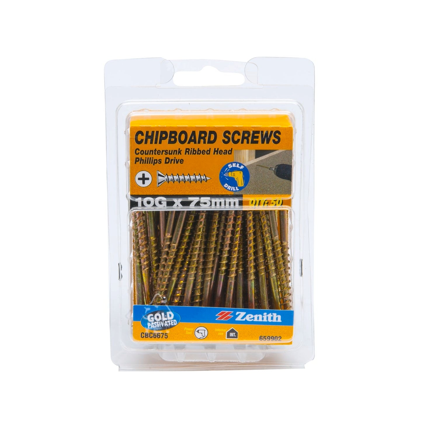 Zenith Countersunk Rib Head Chipboard Screws - 10g x 75mm - 50 Pack - Gold