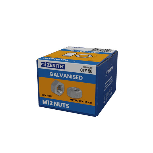 Zenith Hot Dip Galvanised Metric Exterior Hex Nuts M12 50 Pack