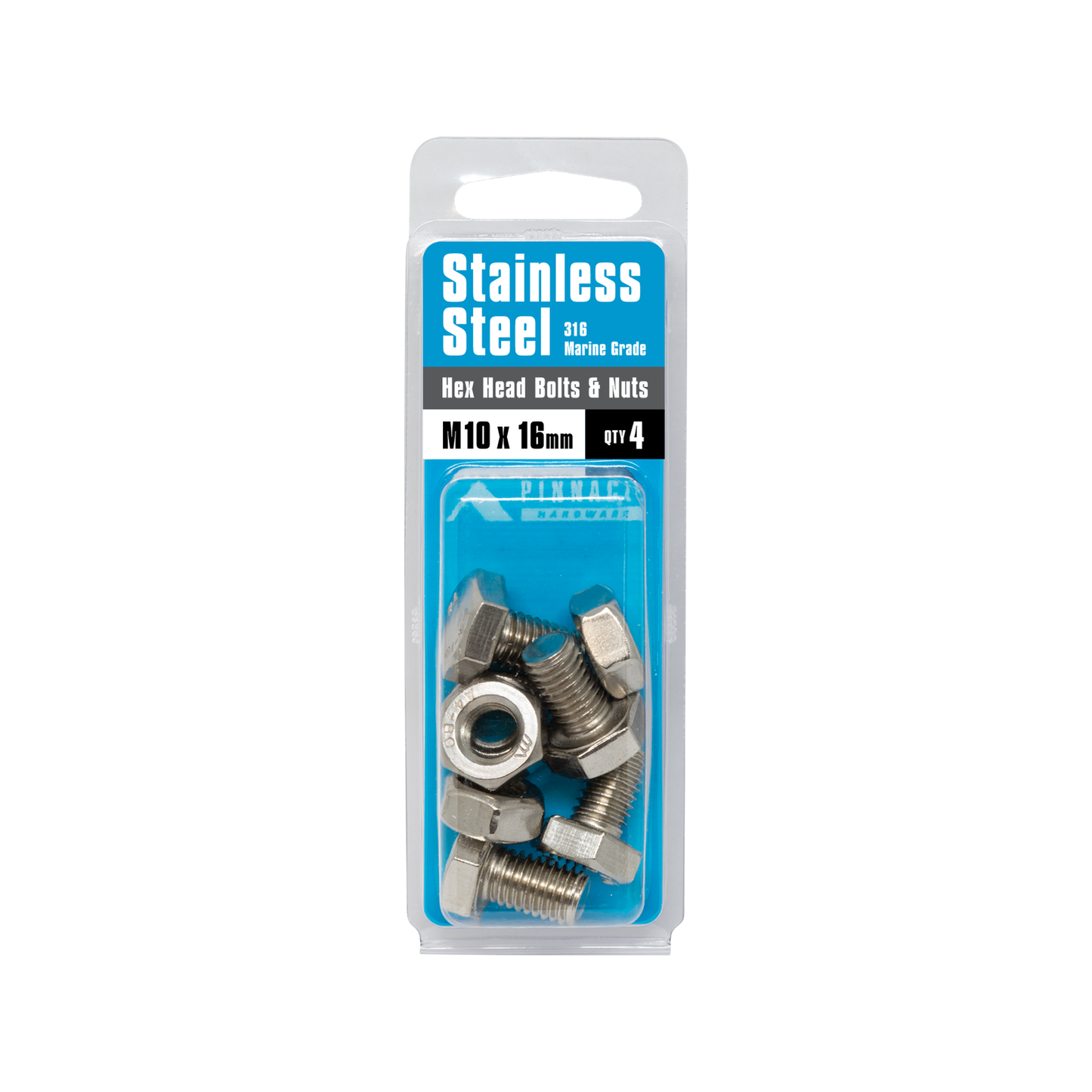 Pinnacle Hex Head Bolts and Nuts - M10 x 16mm - Stainless Steel - 4 Pack