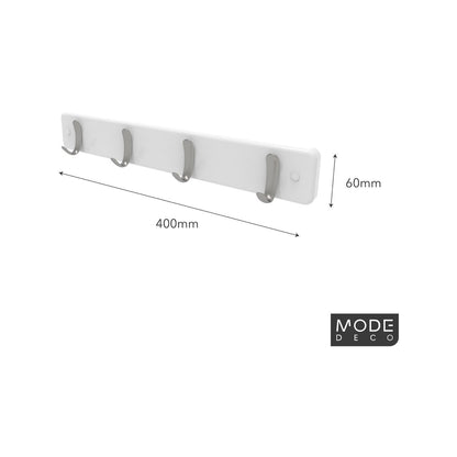 Mode Hook Rack - 4 Brushed Nickel Hooks - White Board - Durable Design