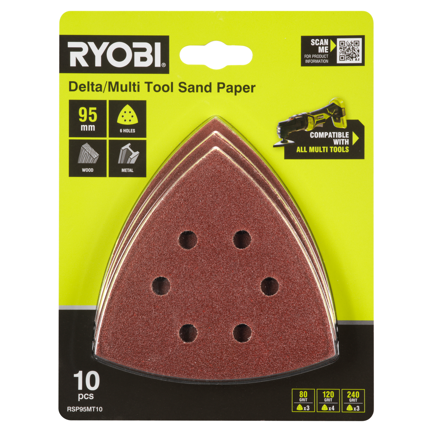 Ryobi Delta Multi Tool Sanding Set - 95mm - 80/120/240 Grit - 10 Piece