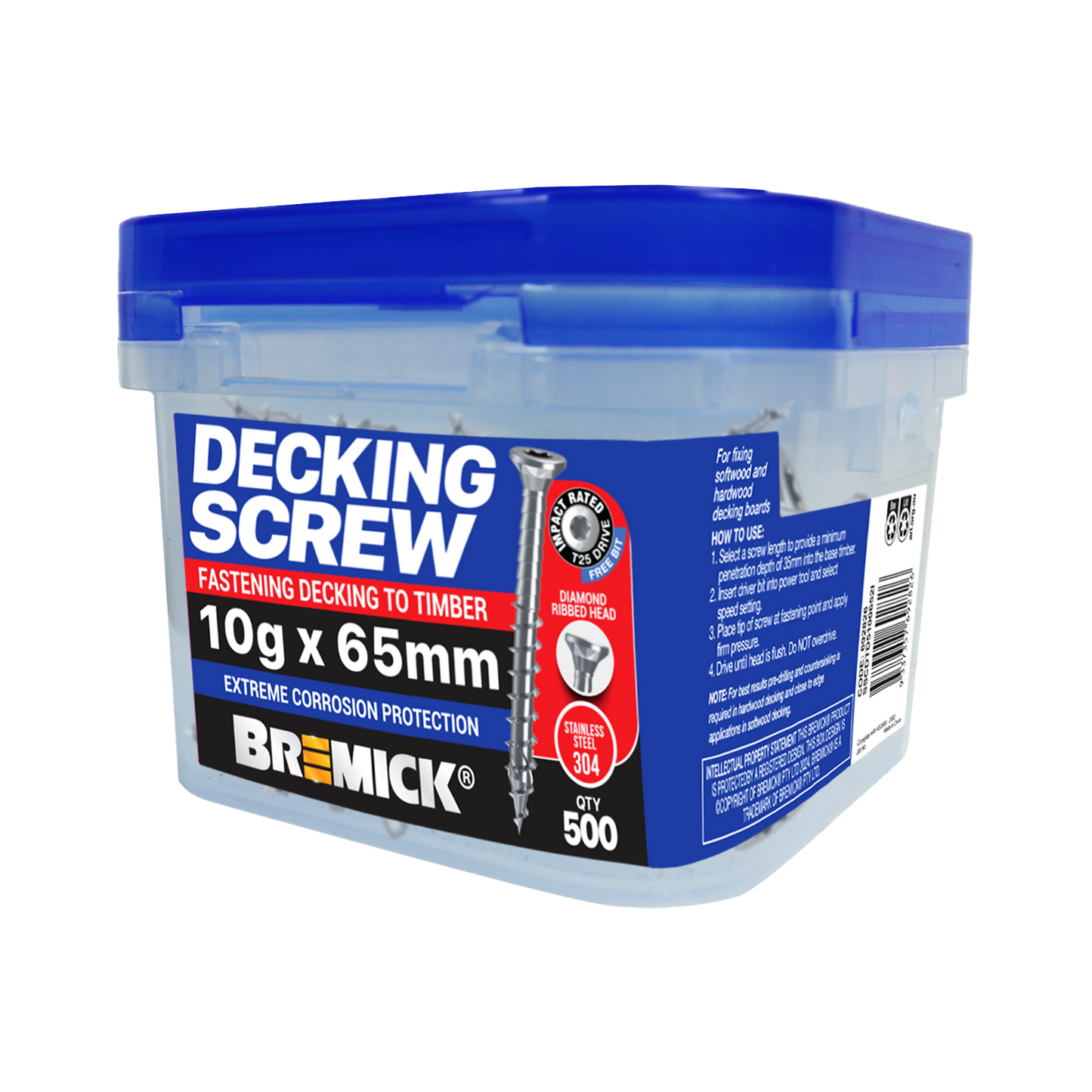 Bremick Decking Screw - 10g x 65mm - Spiral Rib T25 - SS304 - 500 Pack
