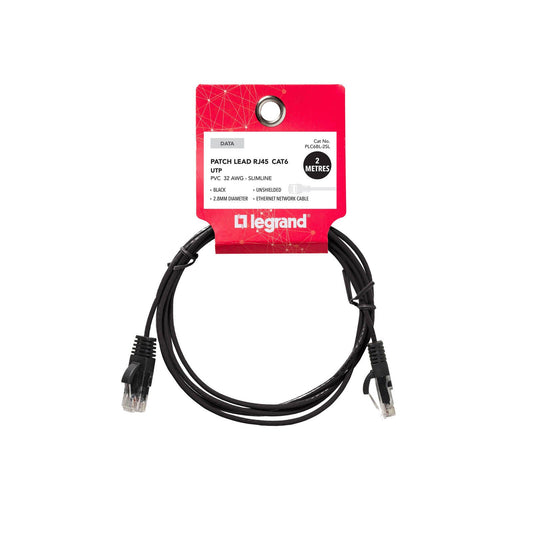 Legrand Cat 6 RJ45 UTP Slimline Patch Lead - 2m - Black
