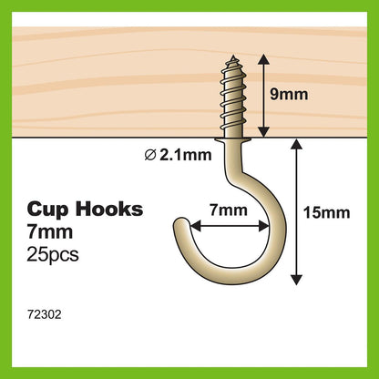 Everhang Cup Hooks - 7mm - Brass Plated - 25 Pack