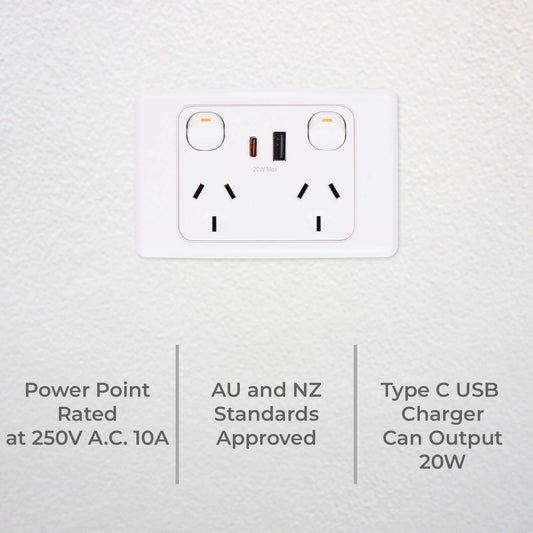 Deta Double Power Point with USB A+C - 250 x 74 x 115mm - 20W