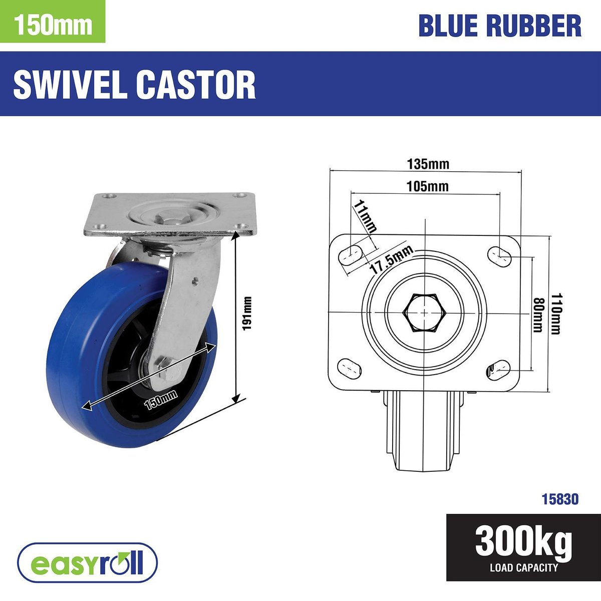 Easyroll 150mm Blue Elastic Rubber Heavy Duty Swivel Plate Castor